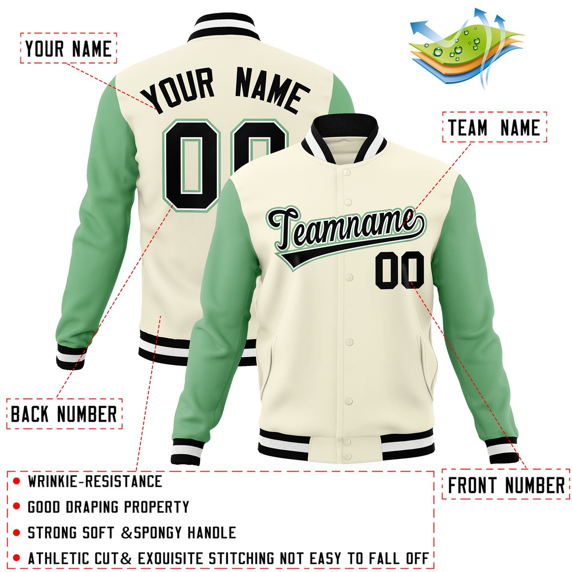 Veste Letterman Varsity Full-Snap à manches raglan kaki noir-blanc personnalisée