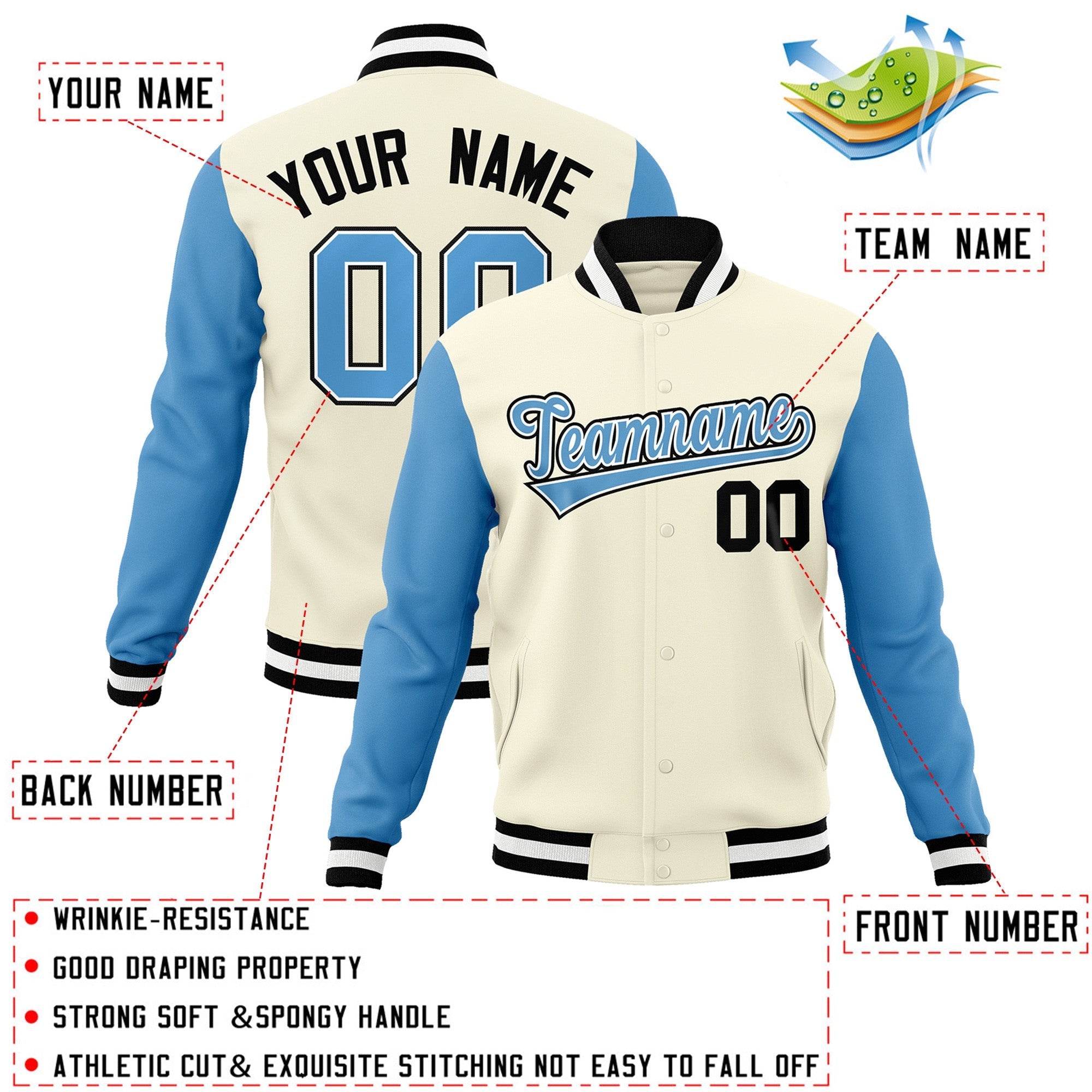 Custom Khaki Light Blue-White Raglan Sleeves Varsity Full-Snap Letterman Jacket