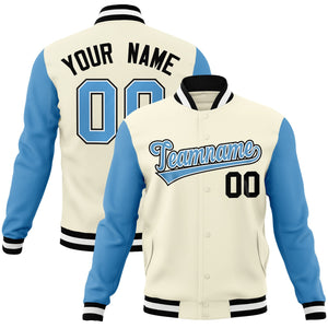 Custom Khaki Light Blue-White Raglan Sleeves Varsity Full-Snap Letterman Jacket