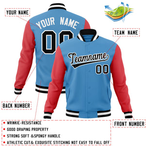 Custom Light Blue Black-White Raglan Sleeves Varsity Full-Snap Letterman Jacket