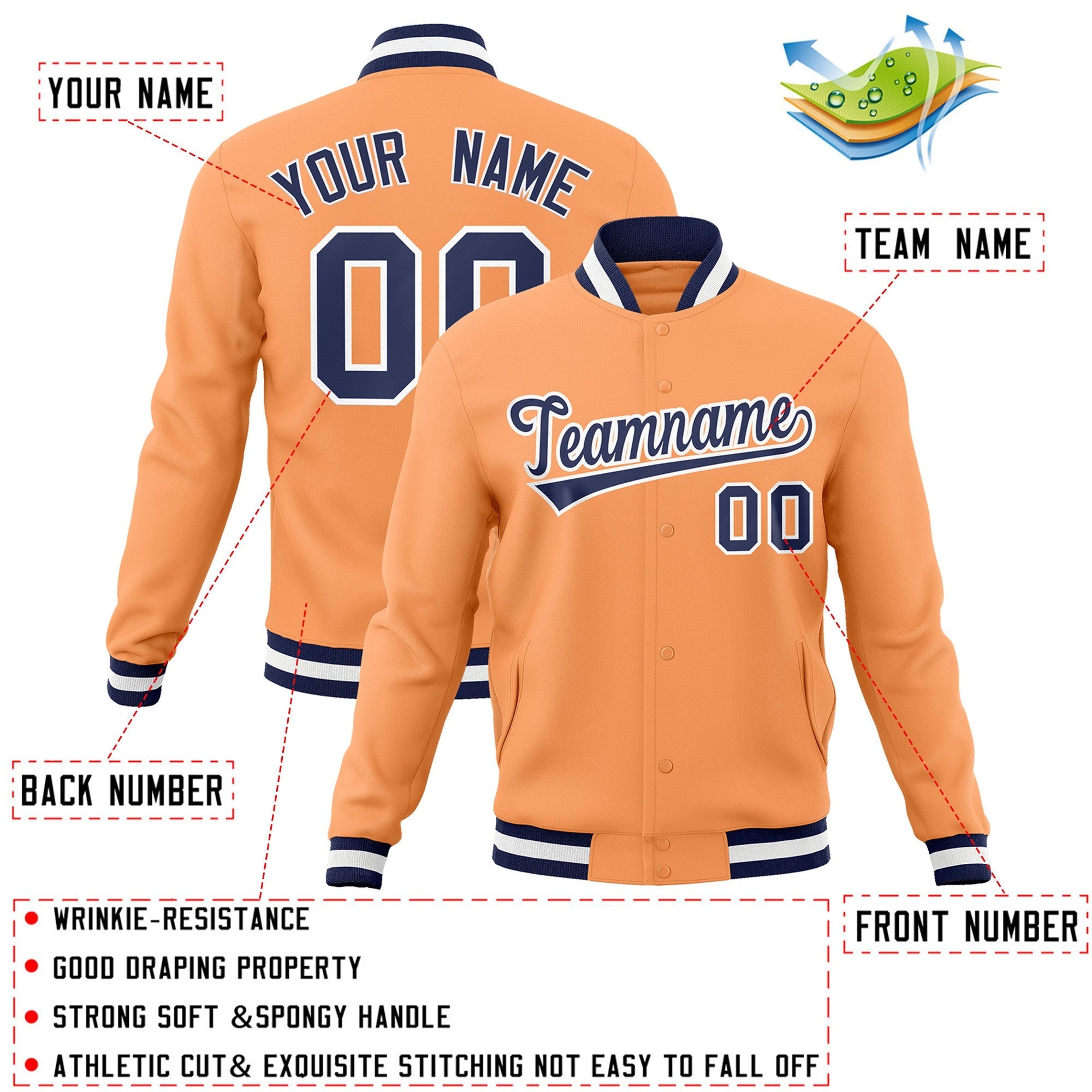 Custom Orange Navy-White Classic Style Varsity Full-Snap Letterman Jacket