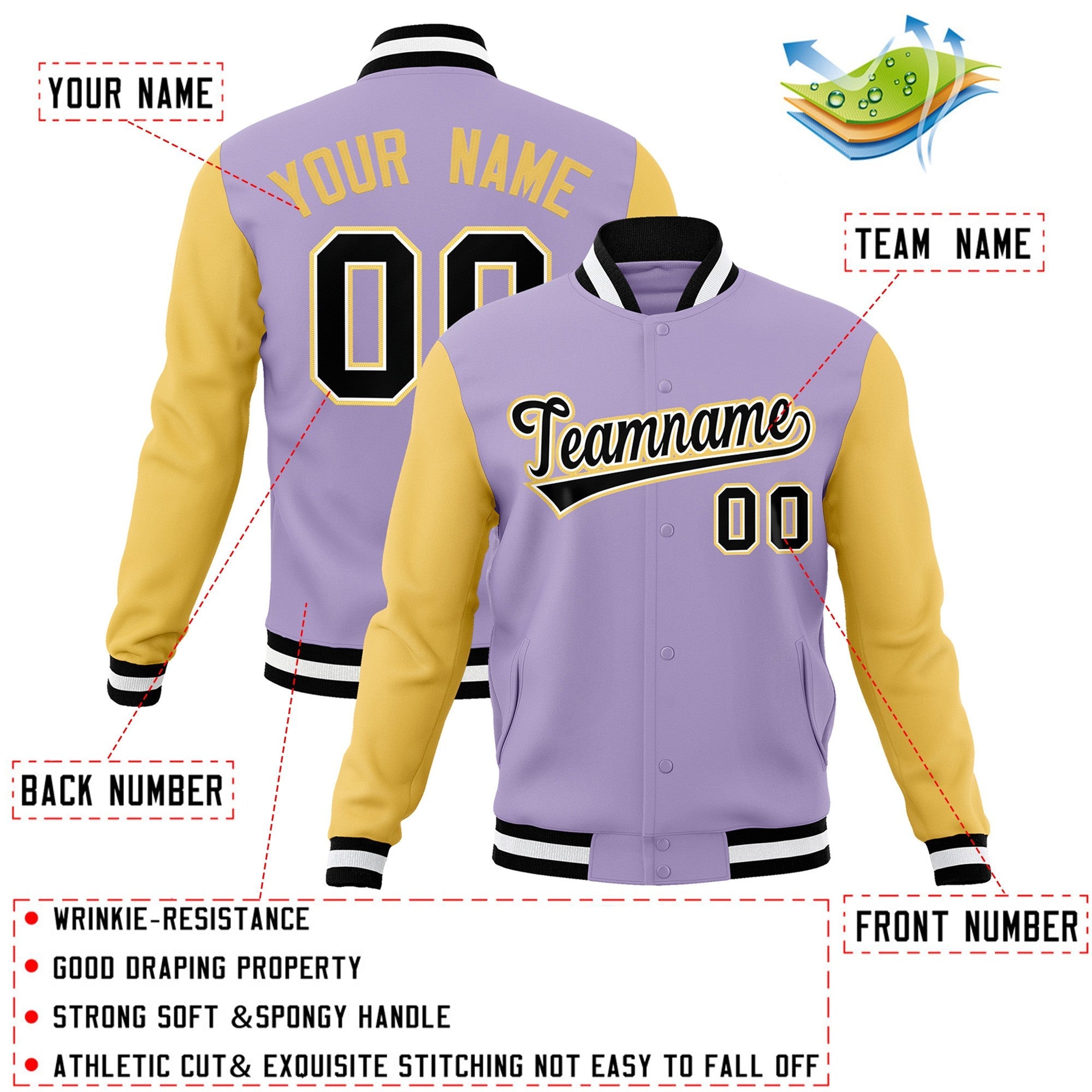 Custom Light Purple Black-White Raglan Sleeves Varsity Full-Snap Letterman Jacket