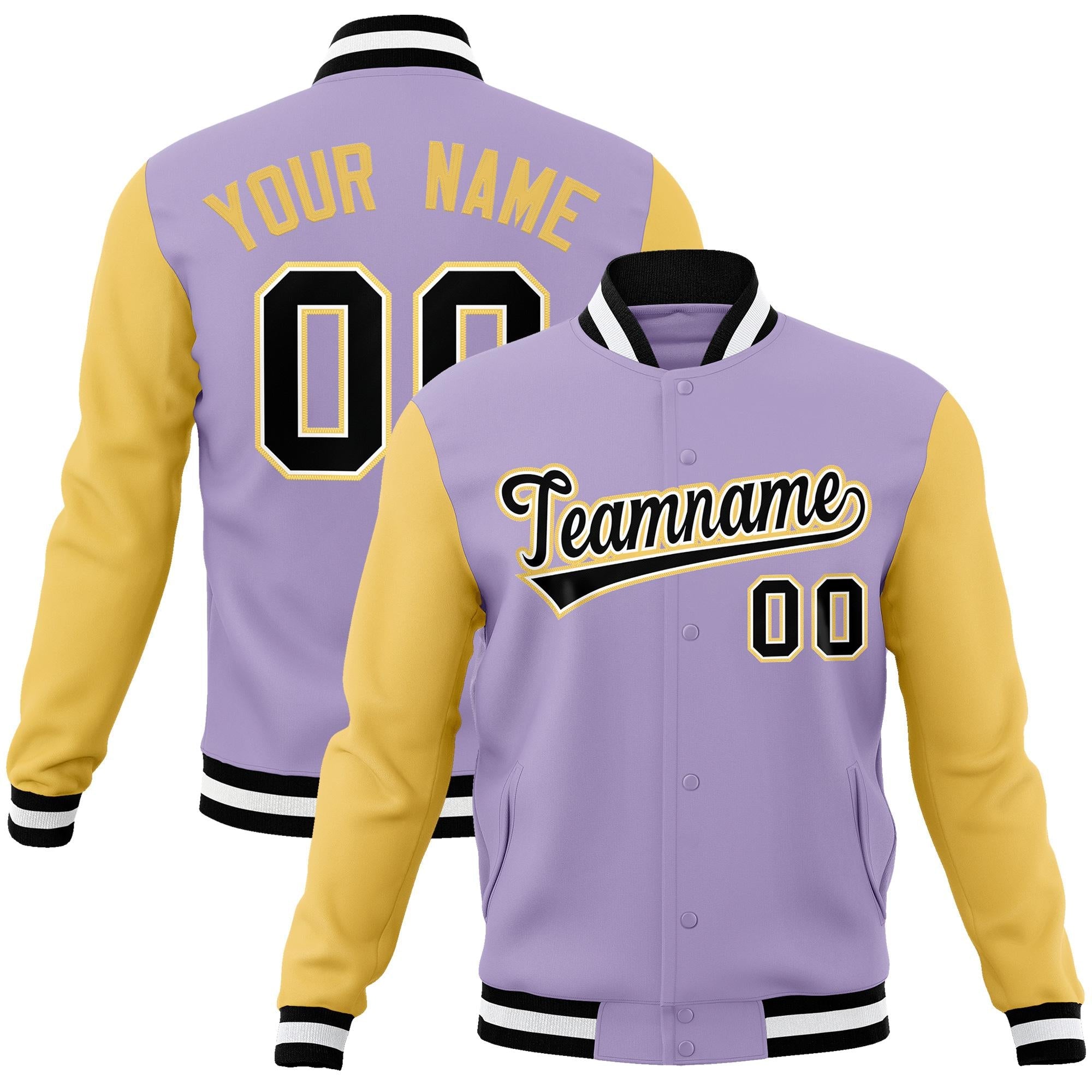 Custom Light Purple Black-White Raglan Sleeves Varsity Full-Snap Letterman Jacket