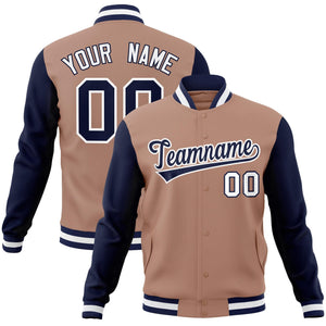 Custom Brown Navy-White Raglan Sleeves Varsity Full-Snap Letterman Jacket