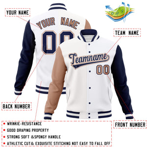 Custom White Navy-White Raglan Sleeves Varsity Full-Snap Letterman Jacket