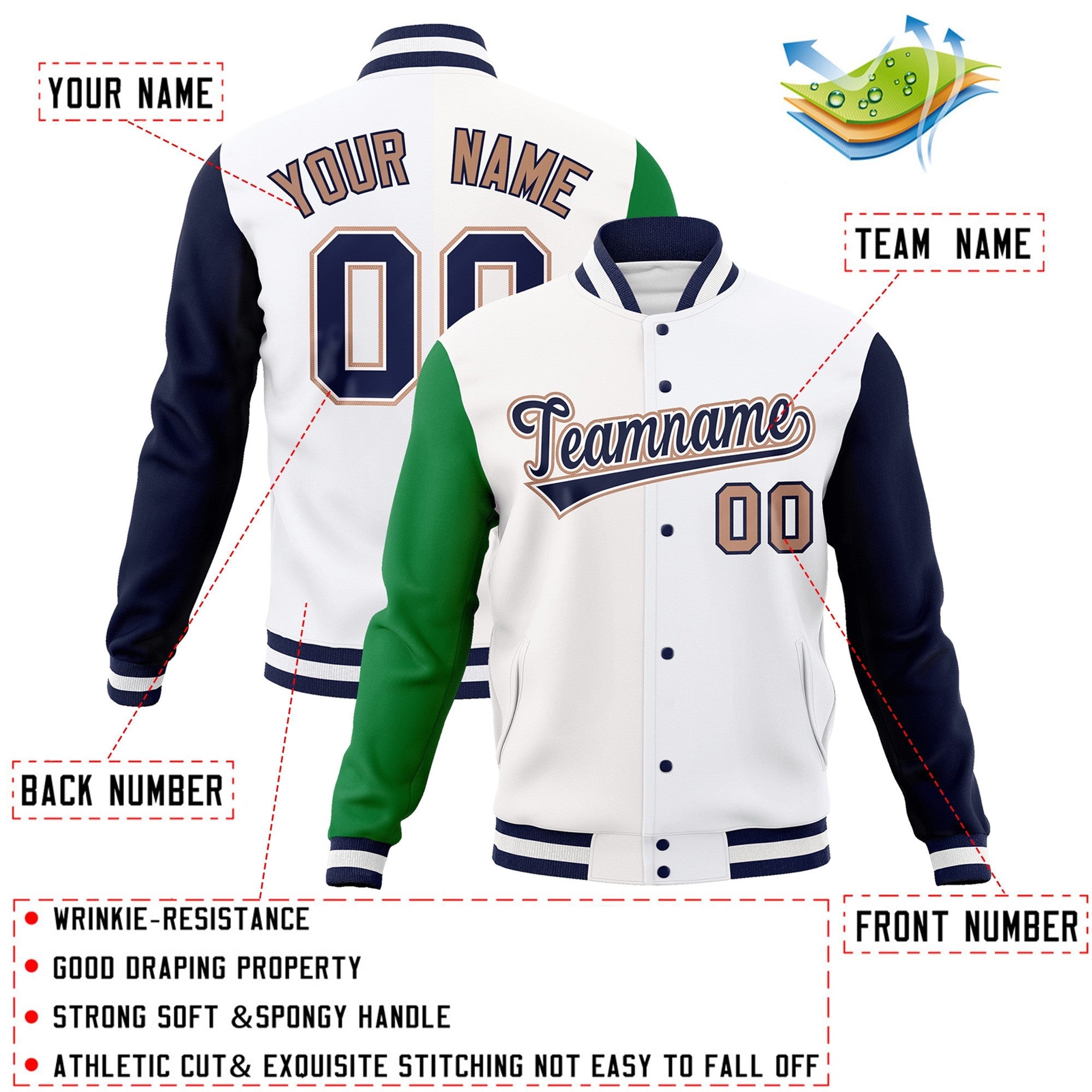 Veste Letterman Varsity Full-Snap à manches raglan blanches et blanches personnalisées