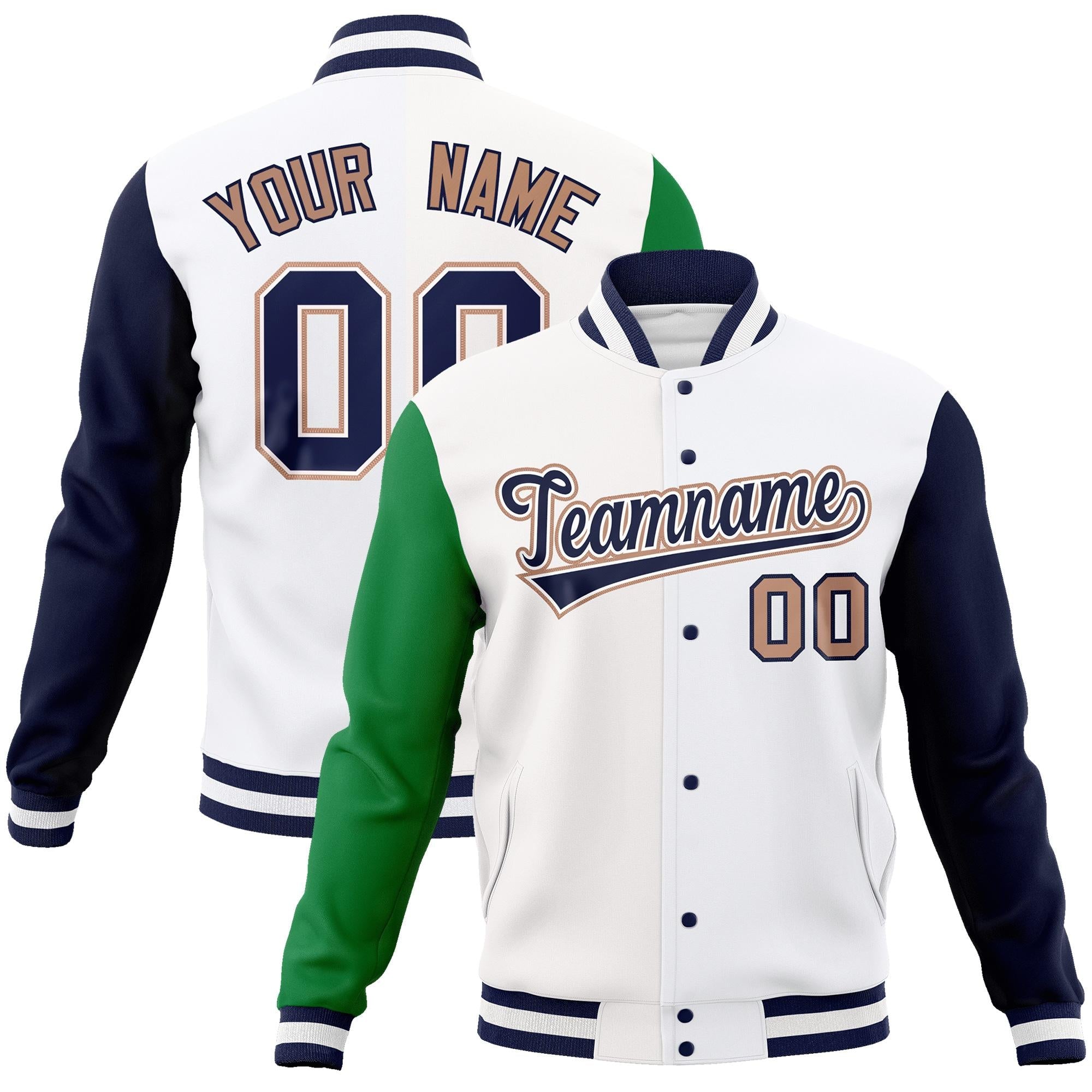 Custom White Navy-White Raglan Sleeves Varsity Full-Snap Letterman Jacket