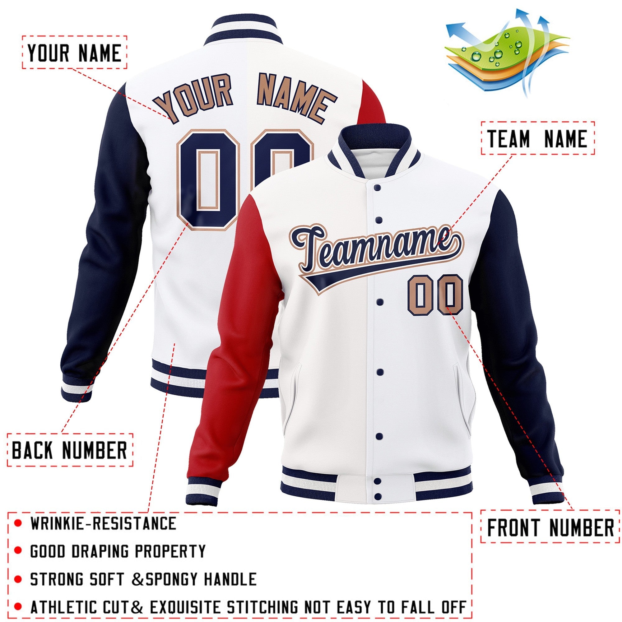 Veste Letterman Varsity Full-Snap à manches raglan blanches et blanches personnalisées