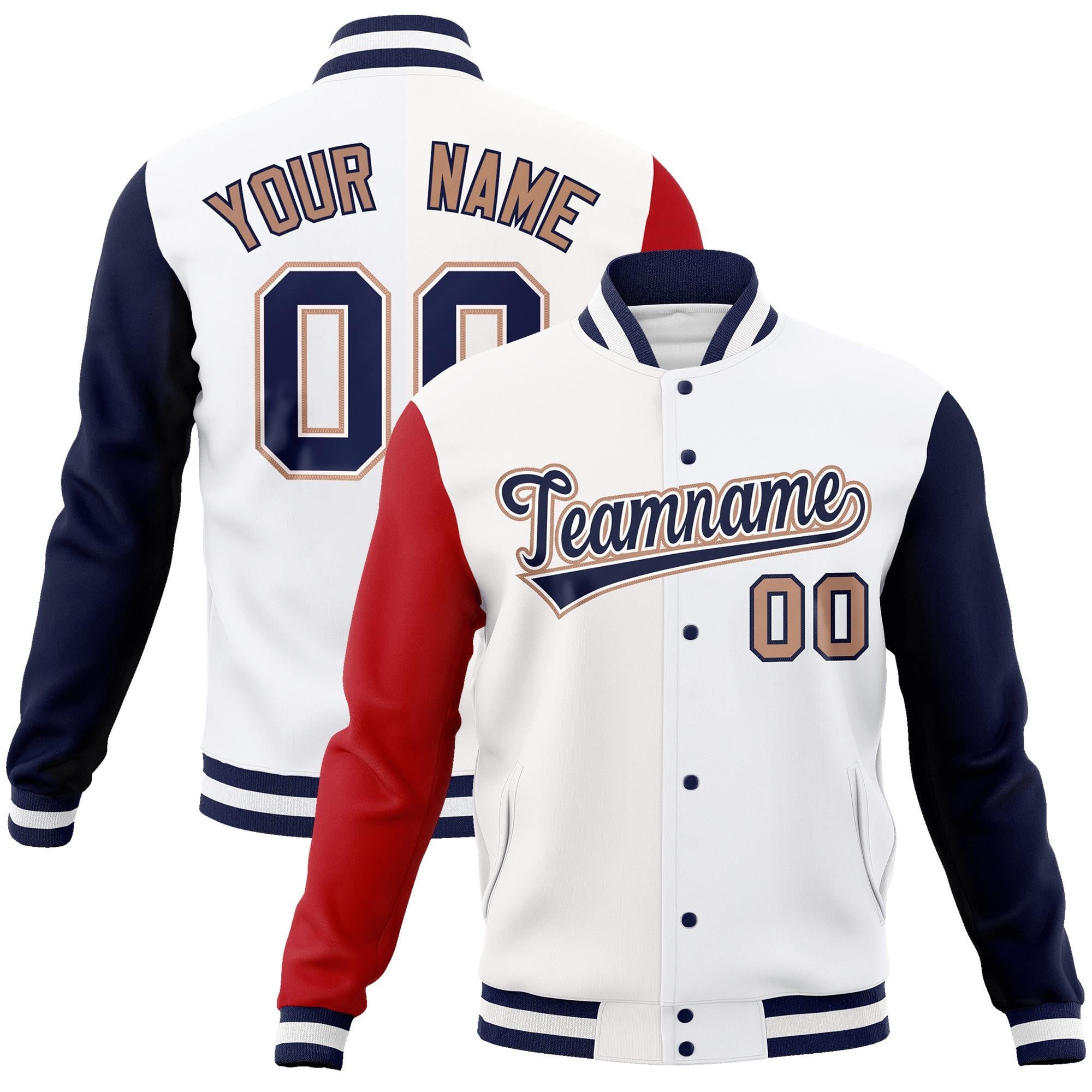 Custom White Navy-White Raglan Sleeves Varsity Full-Snap Letterman Jacket