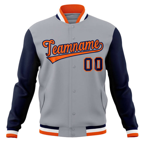 Custom Gray Orange-Navy Varsity Full-Snap Raglan Sleeves Letterman Baseball Jacket