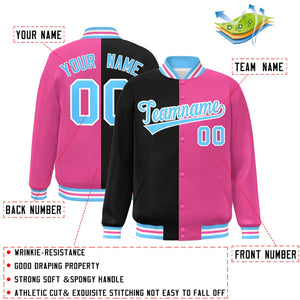 Custom Pink Black-Powder Blue Letterman Two Tone Split Fashion Varsity Full-Snap Jacket