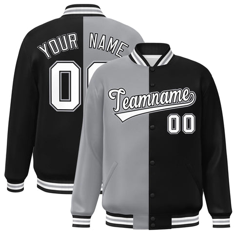 Custom Black Gray-White Letterman Two Tone Split Fashion Varsity Full-Snap Jacket
