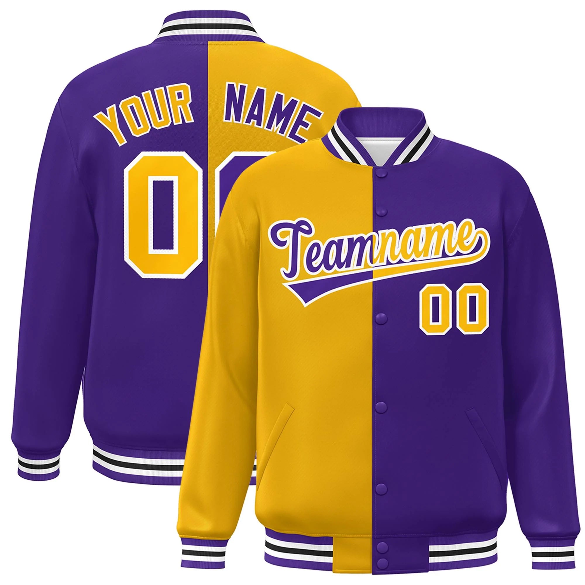 Custom Purple Gold-White Letterman Two Tone Split Fashion Varsity Full-Snap Jacket