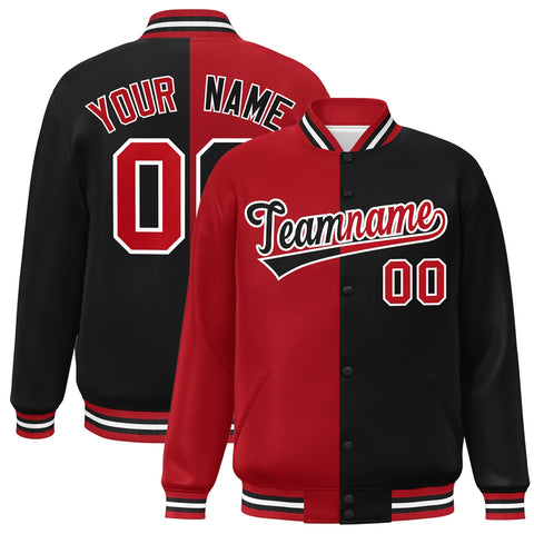 Custom Black Red-White Letterman Two Tone Split Fashion Varsity Full-Snap Jacket