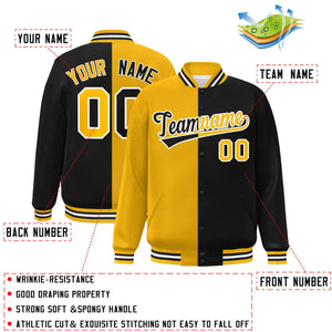 Custom Black Gold-White Letterman Two Tone Split Fashion Varsity Full-Snap Jacket