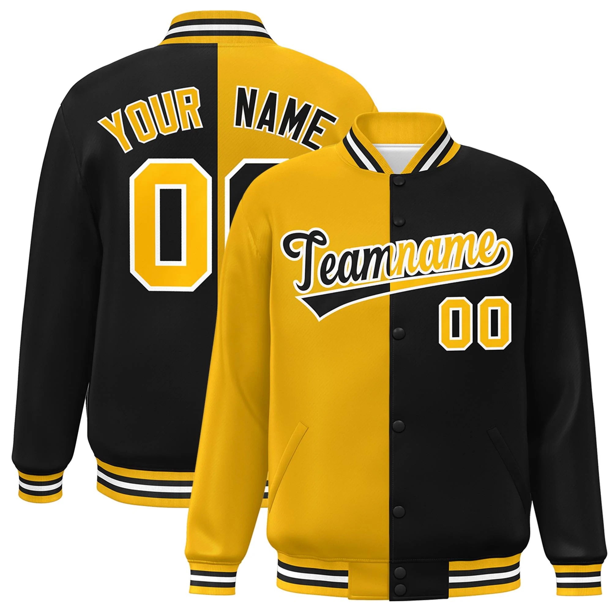 Custom Black Gold-White Letterman Two Tone Split Fashion Varsity Full-Snap Jacket