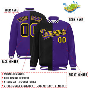 Custom Purple Black-Gold Letterman Two Tone Split Fashion Varsity Full-Snap Jacket