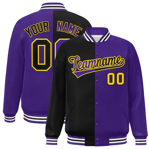 Custom Purple Black-Gold Letterman Two Tone Split Fashion Varsity Full-Snap Jacket