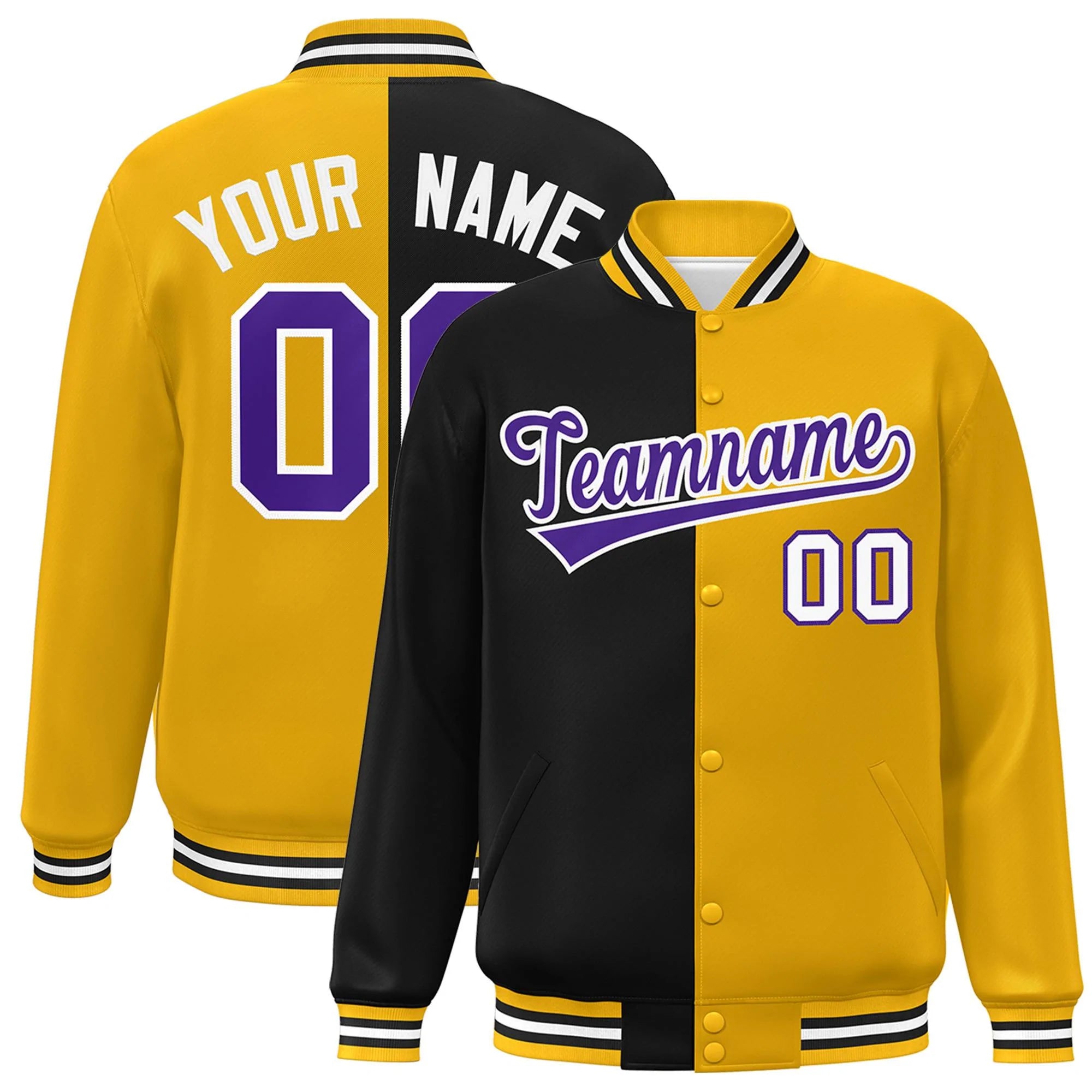 Custom Gold Black-Purple Letterman Two Tone Split Fashion Varsity Full-Snap Jacket