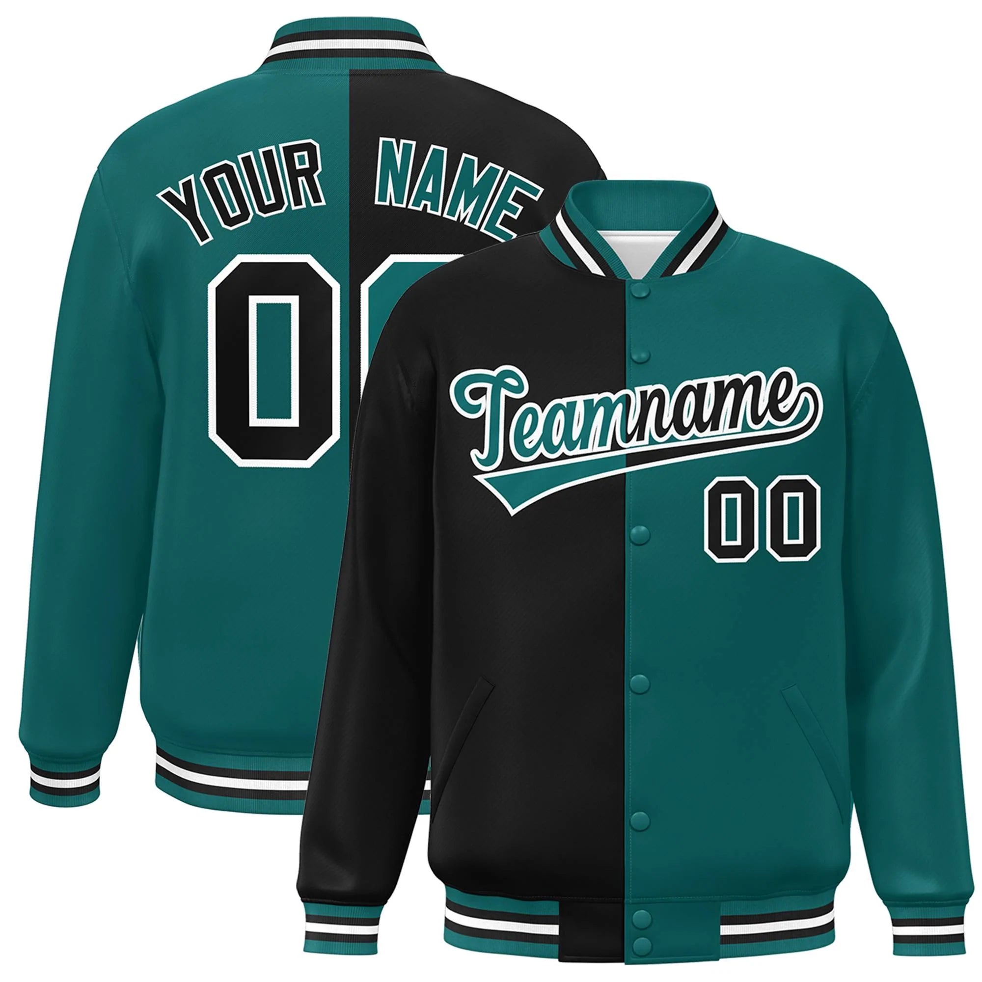 Custom Aqua Black-White Letterman Two Tone Split Fashion Varsity Full-Snap Jacket