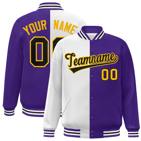 Custom Purple White-Black Letterman Two Tone Split Fashion Varsity Full-Snap Jacket