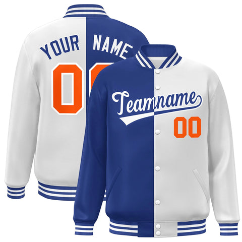 Custom White Royal-Orange Blue Letterman Two Tone Split Fashion Varsity Full-Snap Jacket