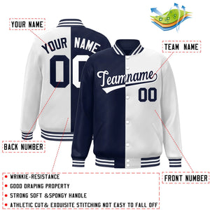 Custom White Navy Blue Letterman Two Tone Split Fashion Varsity Full-Snap Jacket