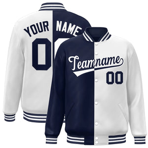 Custom White Navy Blue Letterman Two Tone Split Fashion Varsity Full-Snap Jacket