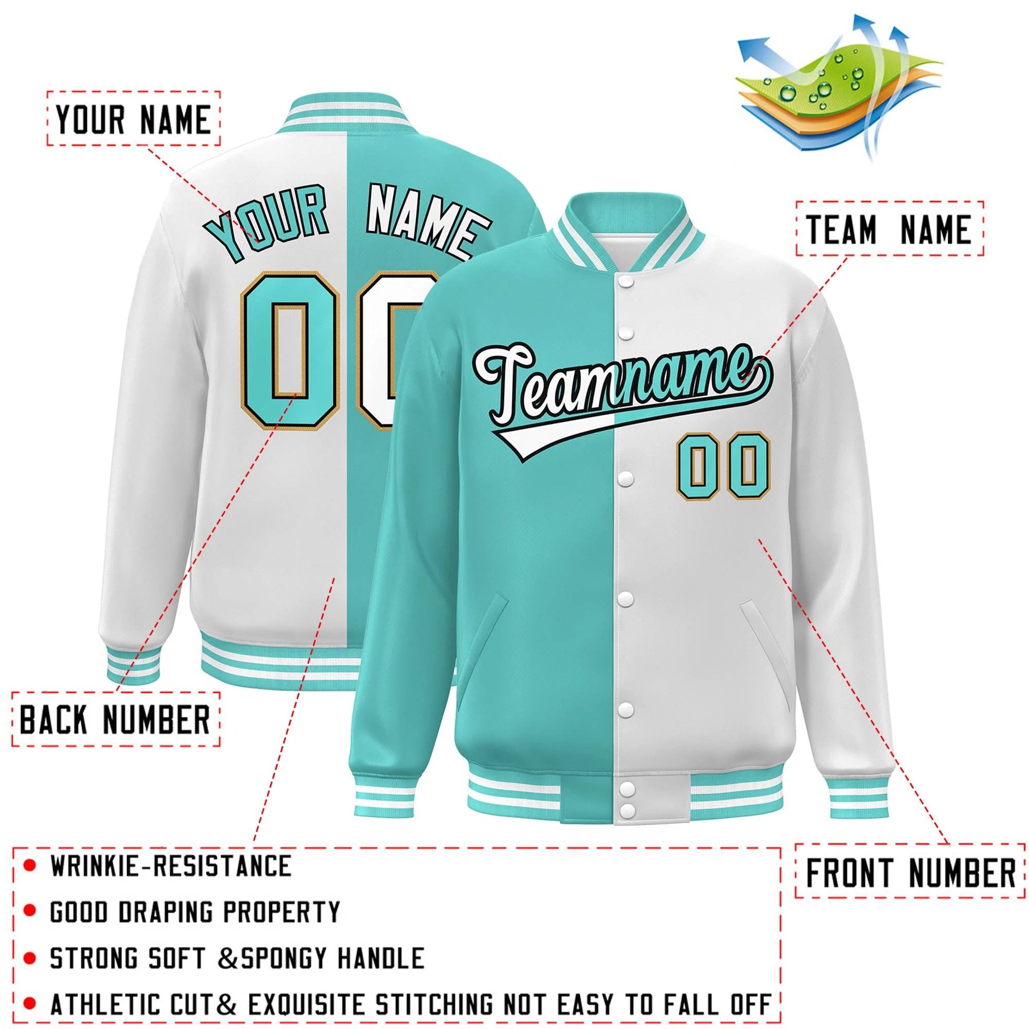 Custom White Aqua-Black Letterman Two Tone Split Fashion Varsity Full-Snap Jacket