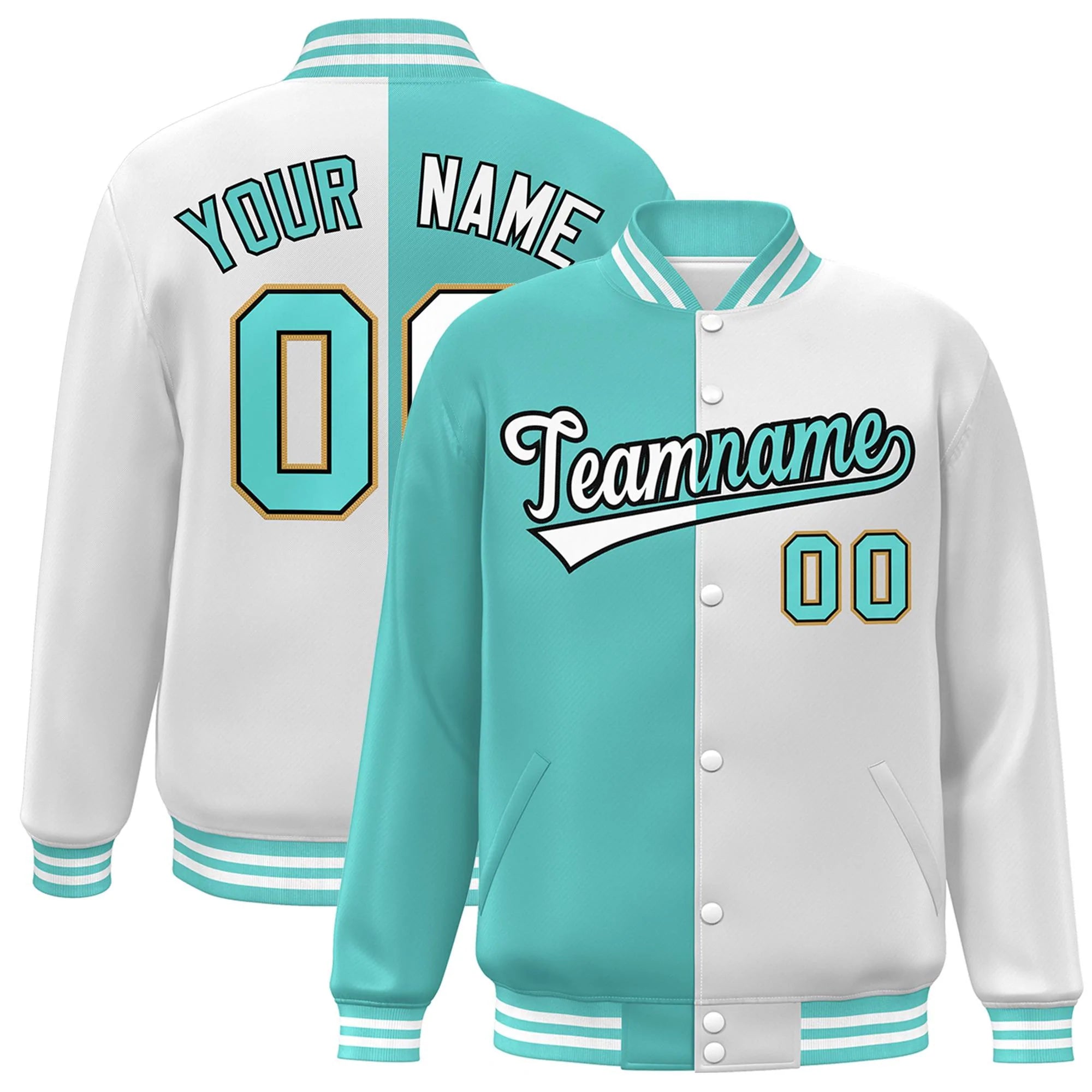 Custom White Aqua-Black Letterman Two Tone Split Fashion Varsity Full-Snap Jacket