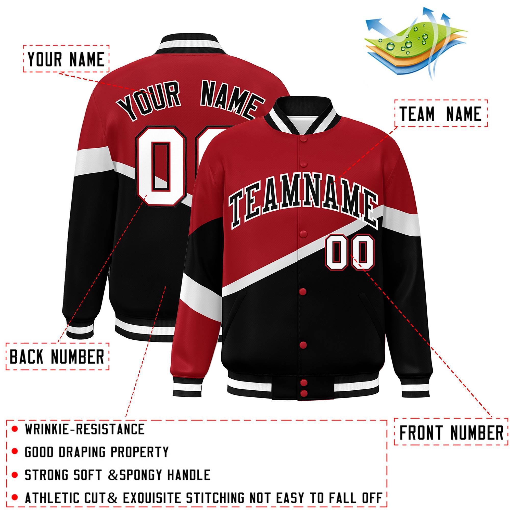 Custom Red Black-White Color Block Bomber Varsity Baseball Jacket