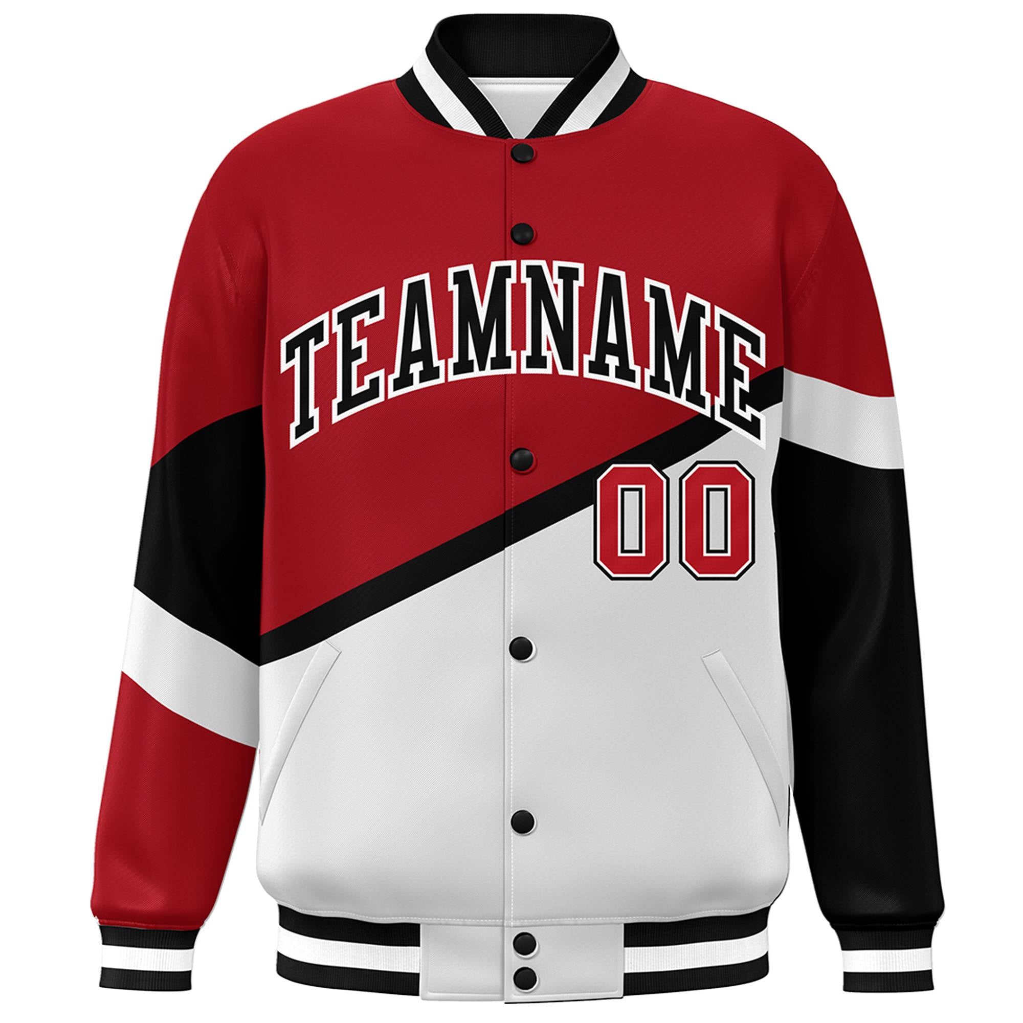 Custom Red White Black-White Color Block Bomber Varsity Baseball Jacket