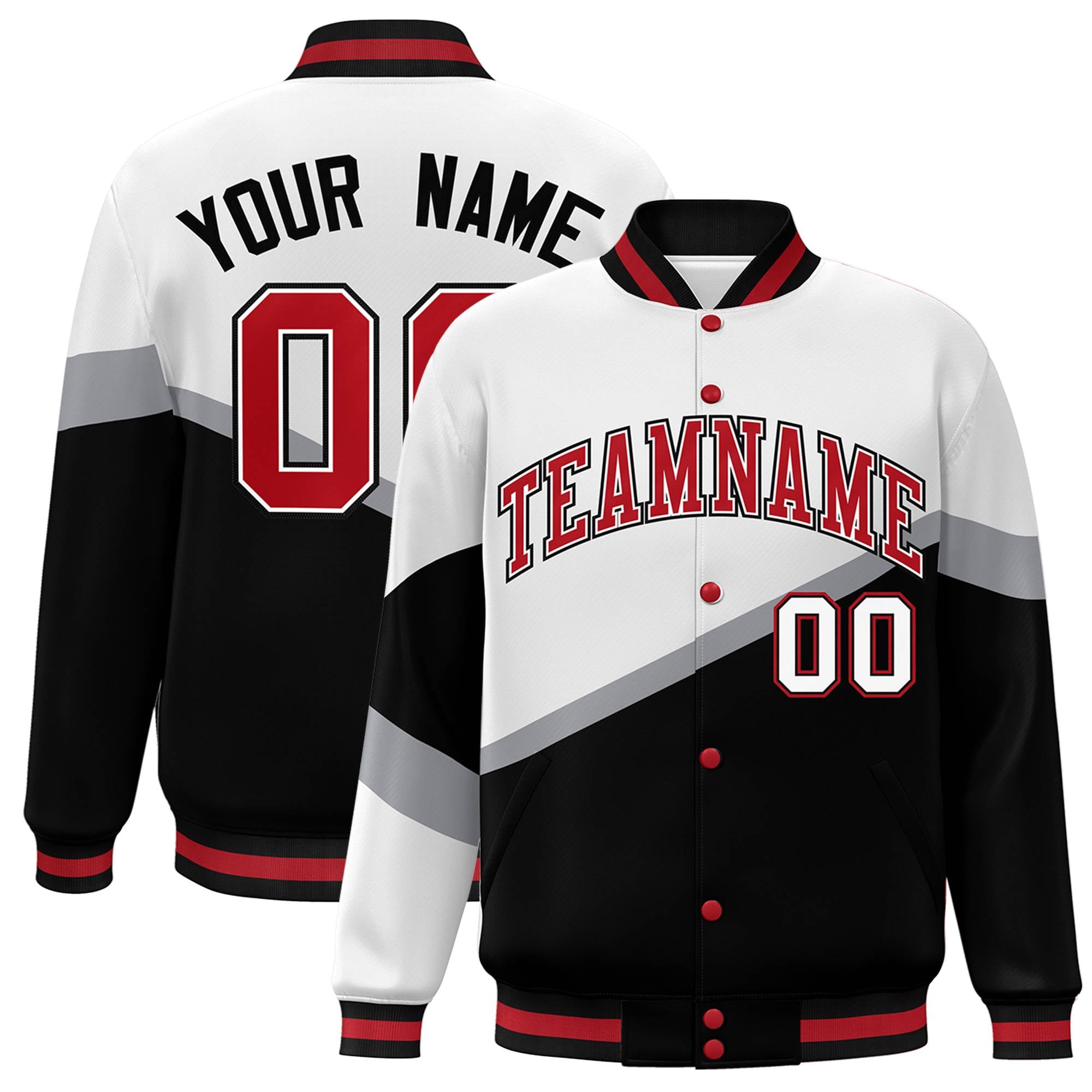 Custom White Black Red-White Color Block Bomber Varsity Baseball Jacket