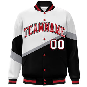 Custom White Black Red-White Color Block Bomber Varsity Baseball Jacket