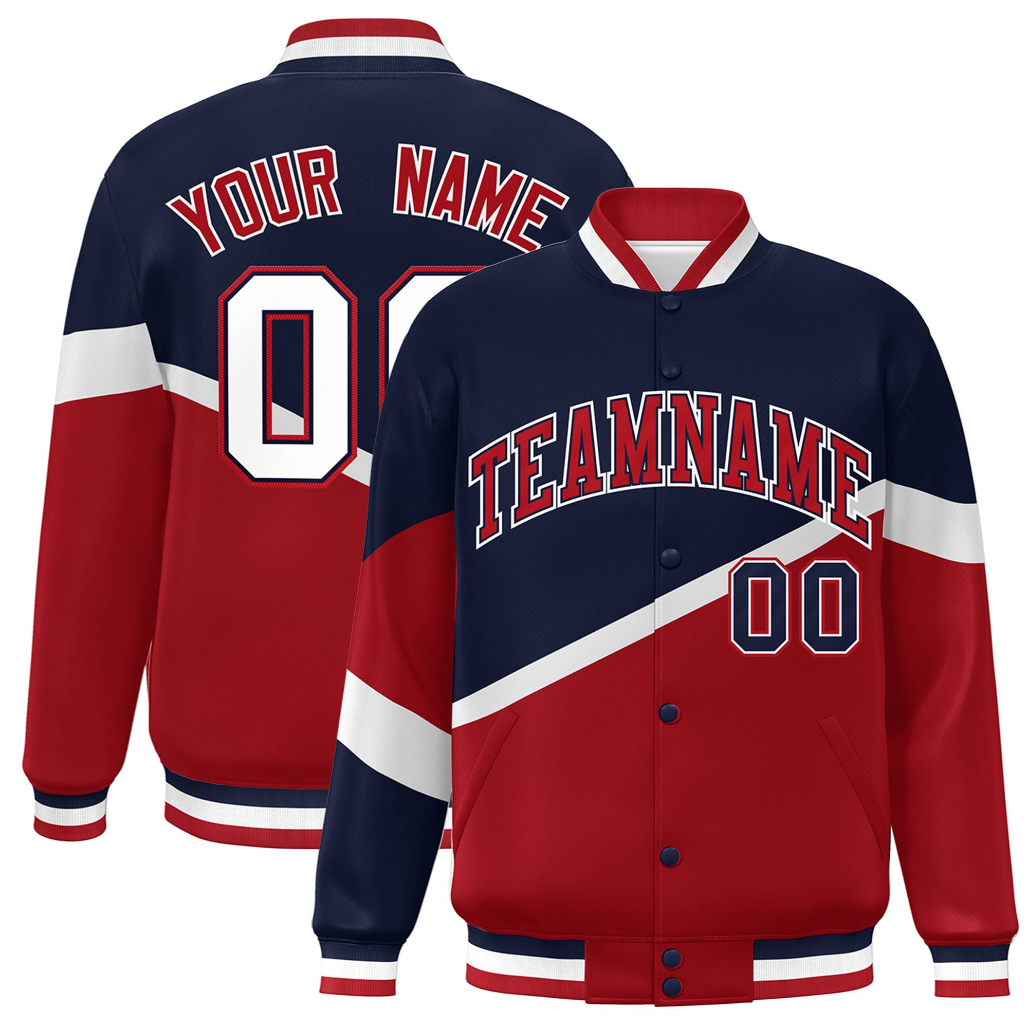 Custom Navy Red-Navy Color Block Bomber Varsity Baseball Jacket