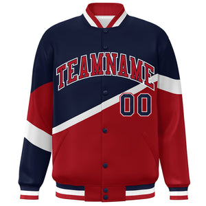 Custom Navy Red-Navy Color Block Bomber Varsity Baseball Jacket