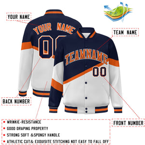 Custom Navy White Orange-Navy Color Block Bomber Varsity Baseball Jacket