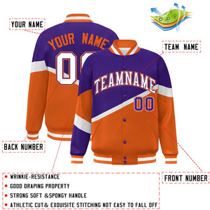 Custom Purple Orange White-Purple Color Block Bomber Varsity Baseball Jacket