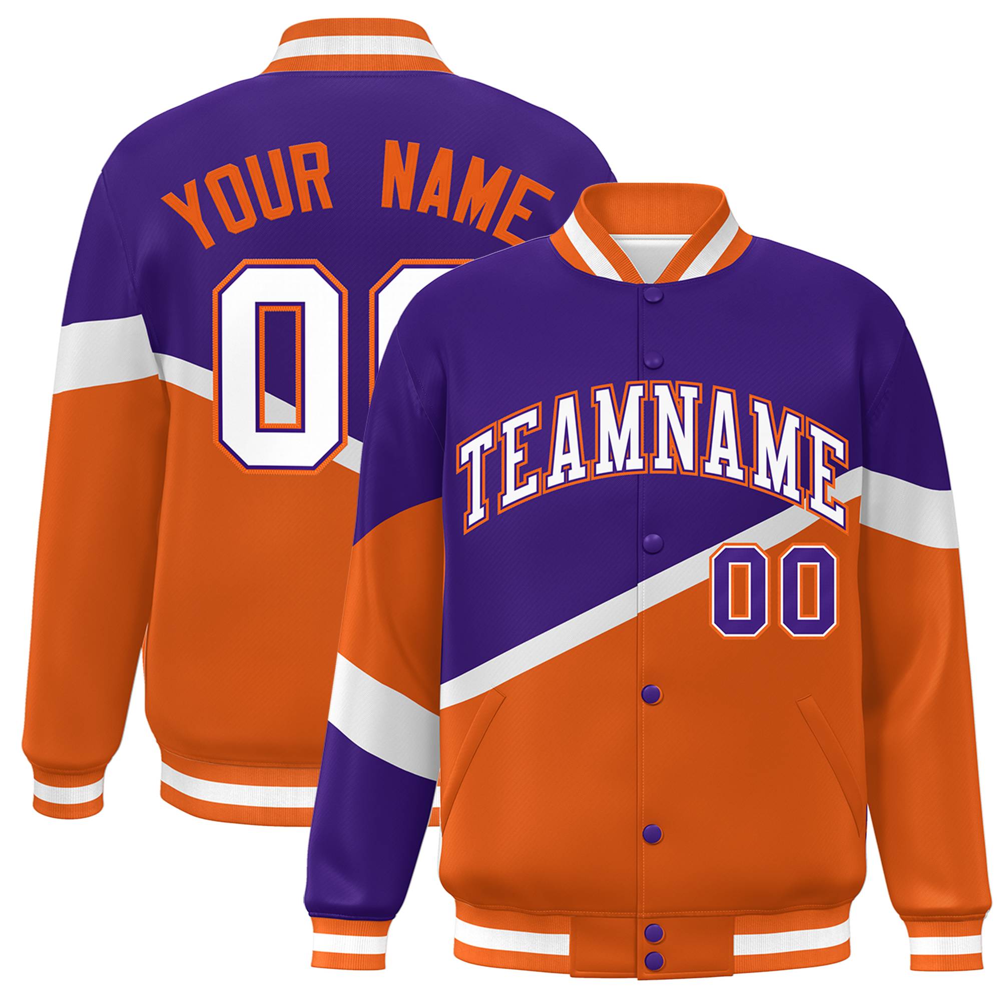 Custom Purple Orange White-Purple Color Block Bomber Varsity Baseball Jacket