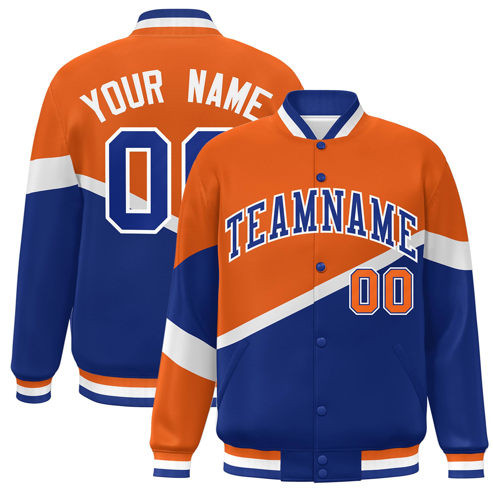 Custom Orange Royal-White Color Block Bomber Varsity Baseball Jacket