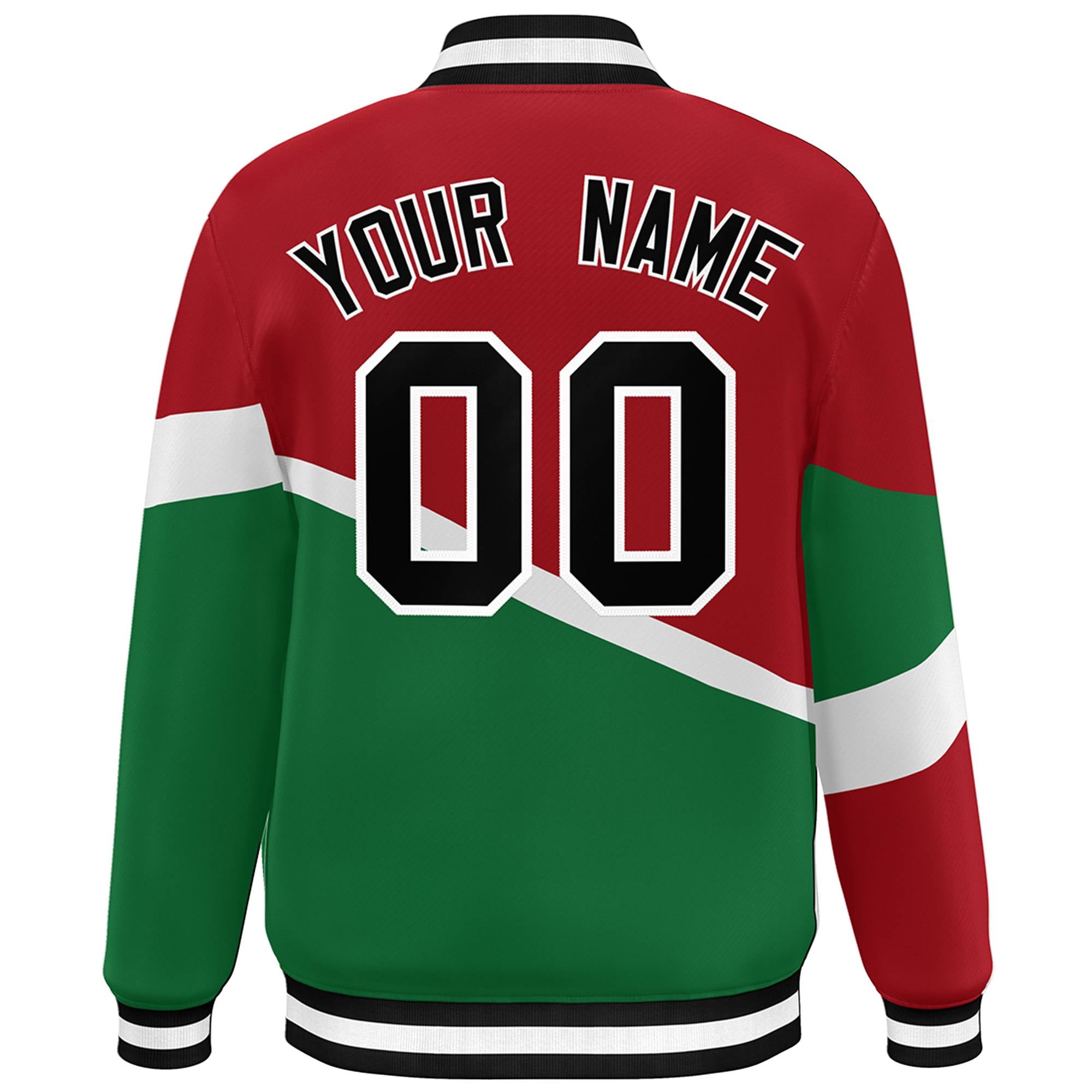 Custom Red Kelly Green Black-White Color Block Bomber Varsity Baseball Jacket