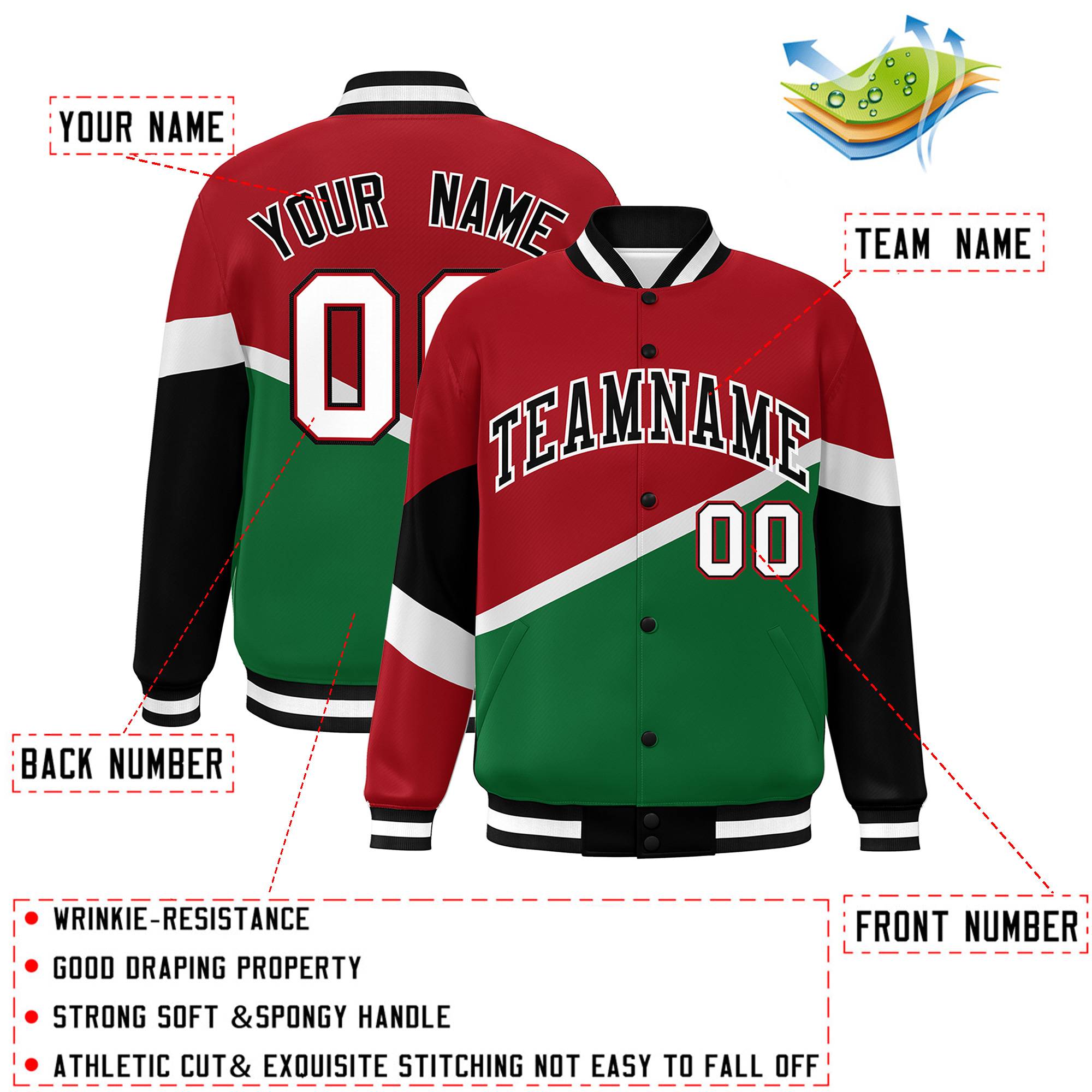 Custom Red Kelly Green Black-White Color Block Bomber Varsity Baseball Jacket