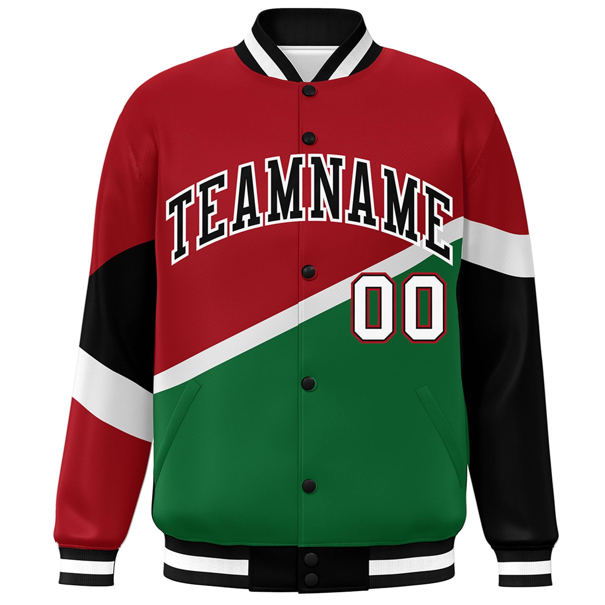 Custom Red Kelly Green Black-White Color Block Bomber Varsity Baseball Jacket