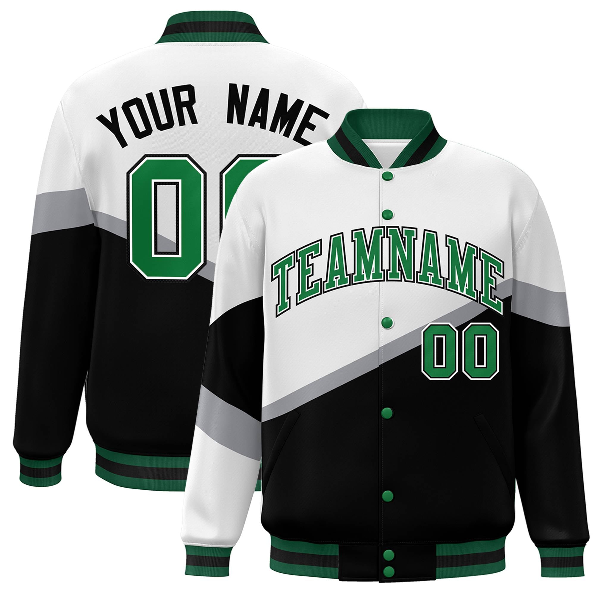 Custom White Black Kelly Green-White Color Block Bomber Varsity Baseball Jacket