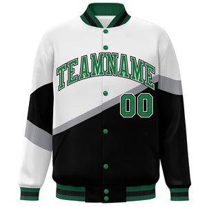 Custom White Black Kelly Green-White Color Block Bomber Varsity Baseball Jacket