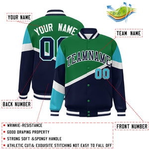 Custom Kelly Green Navy-White Color Block Bomber Varsity Baseball Jacket