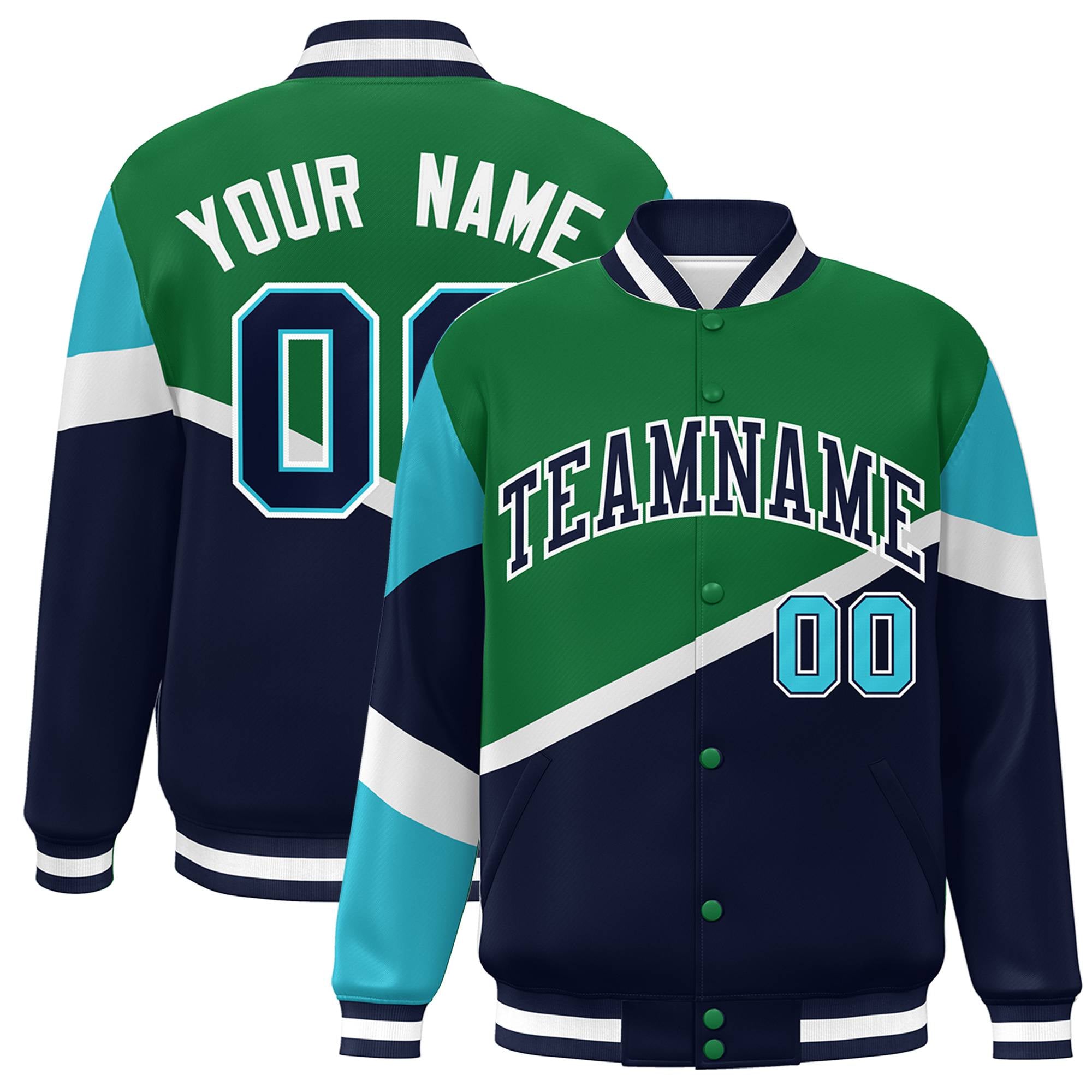 Custom Kelly Green Navy-White Color Block Bomber Varsity Baseball Jacket