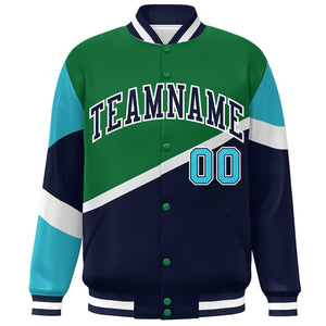 Custom Kelly Green Navy-White Color Block Bomber Varsity Baseball Jacket