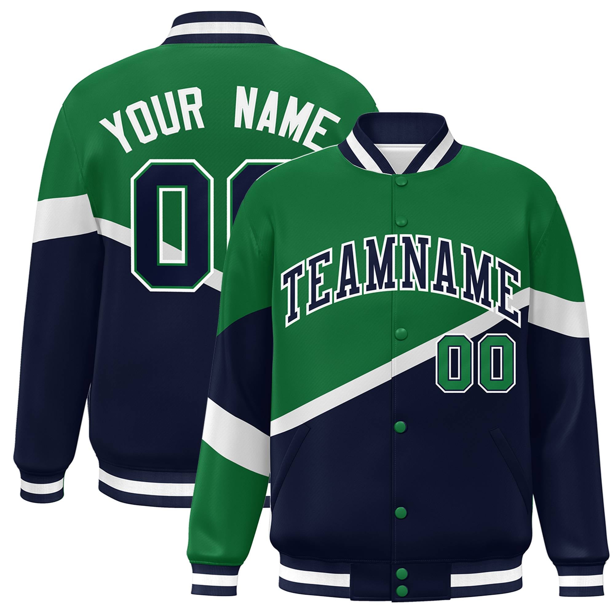 Custom Kelly Green Navy-White Color Block Bomber Varsity Baseball Jacket