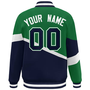 Custom Kelly Green Navy-White Color Block Bomber Varsity Baseball Jacket